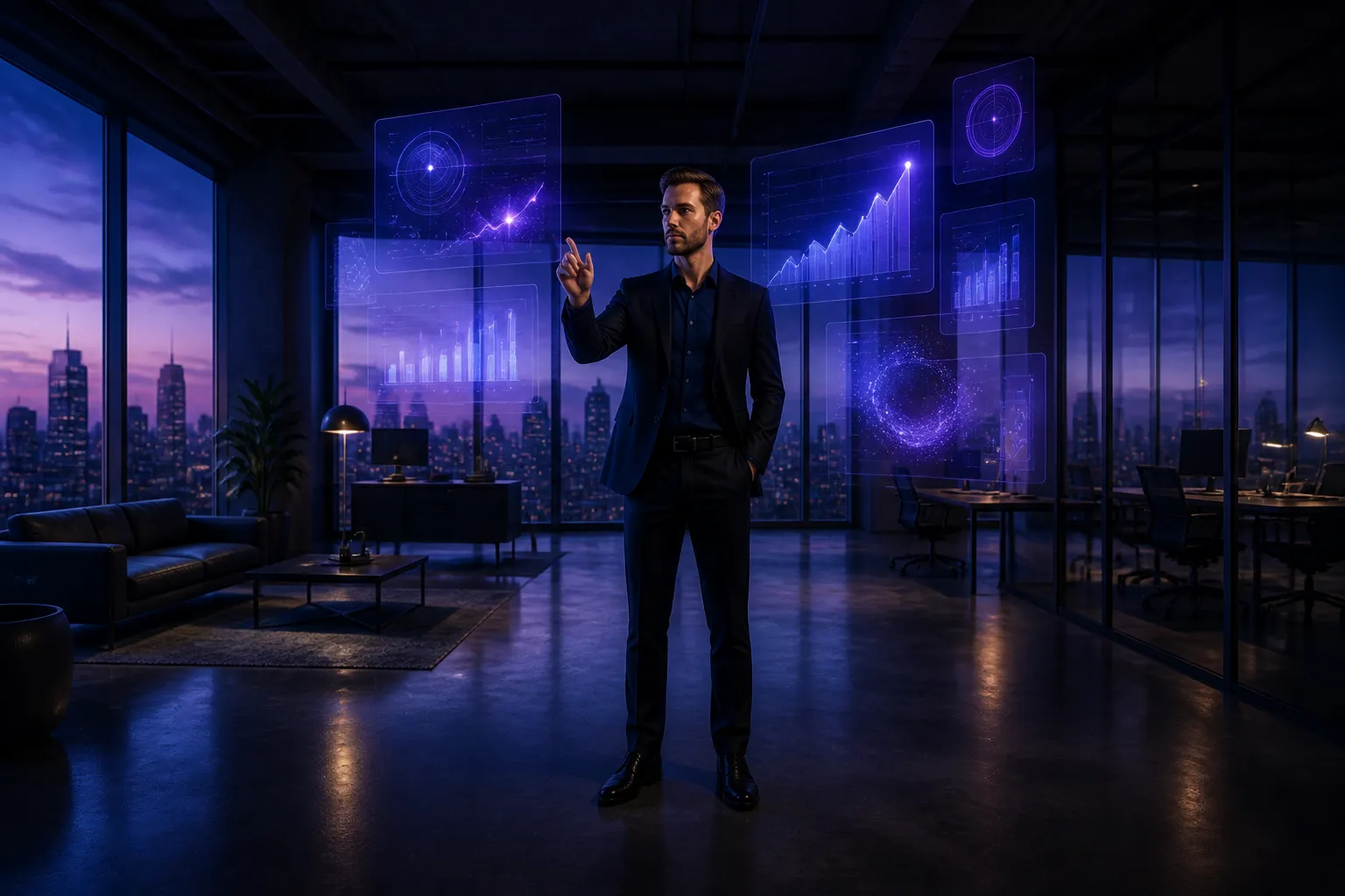 Business leader reviewing AI-powered growth metrics in a modern office environment